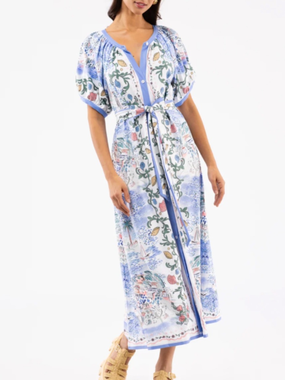 NWT SMITH & QUINN WOMENS GRENADINE MAXI DRESS SEA MURAL BUTTON FRONT SMALL